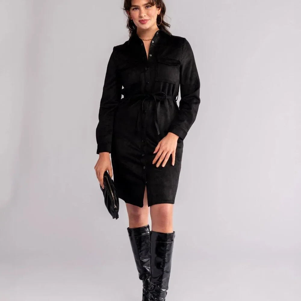 NWOT Lesley Evers Black Suede Shirtdress - Picture 1 of 9